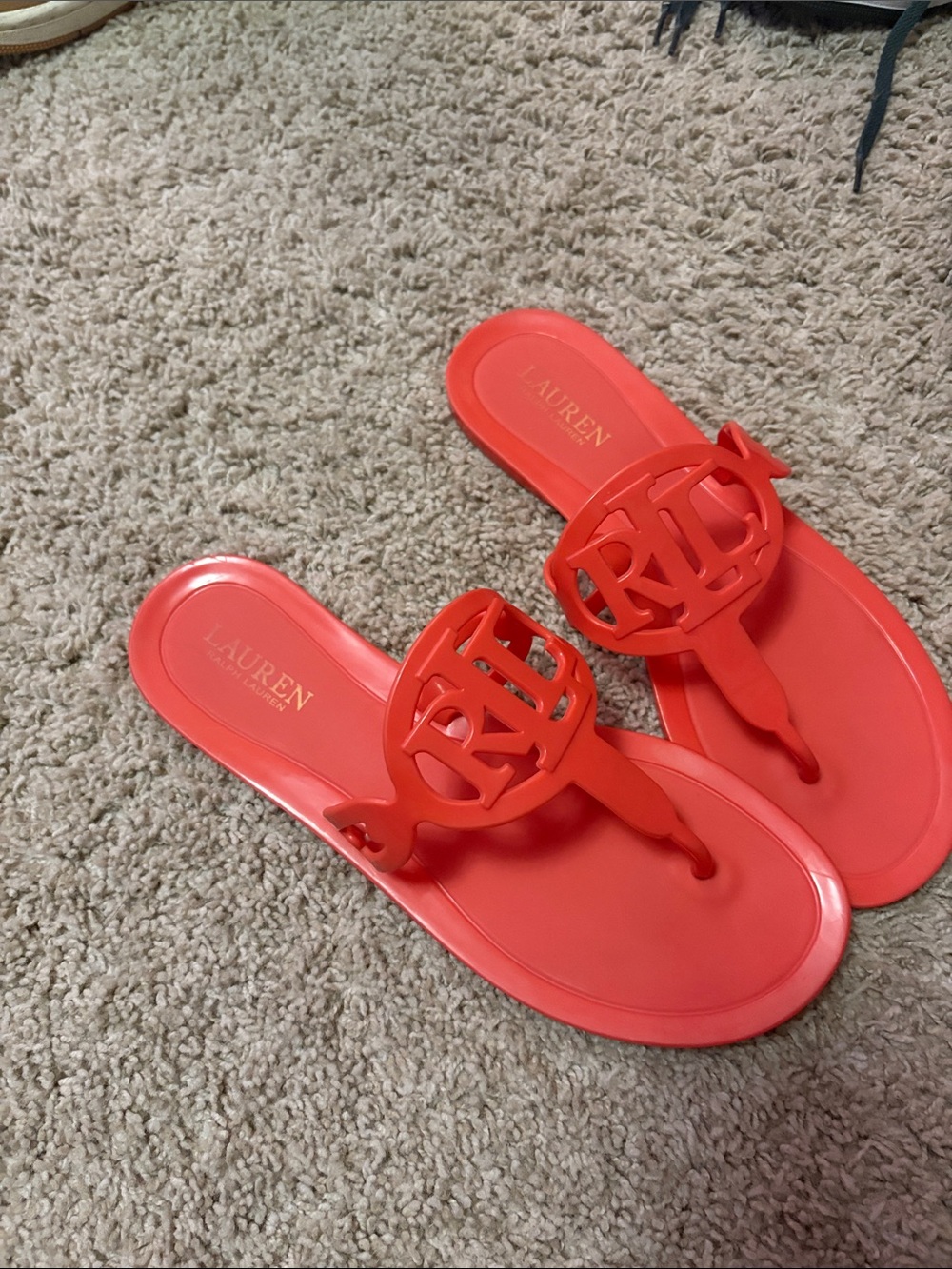 Lauren Ralph Lauren Coral Red Monogram Thong Sandals